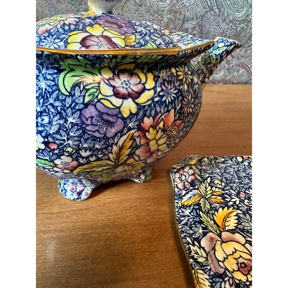Rare Royal Winton chintz blue Anemone teapot with matching plate/display stand - Picture 8 of 10